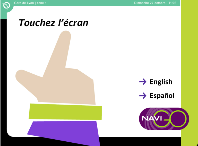 Le design original de l’écran d’accueil de la borne Navigo pour la RATP, 2002. Une préfiguration avant l’heure des principes du flat design ( Giuseppe Attoma Pepe et Vincent Maloron).